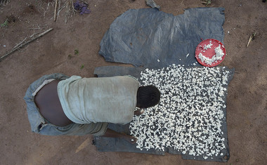 Žena sušící na slunci kasavu v táboře Riimenze