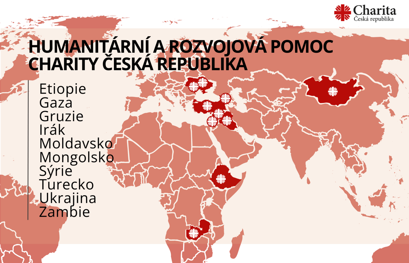 Mapa zahraniční pomoci Charity Česká republika